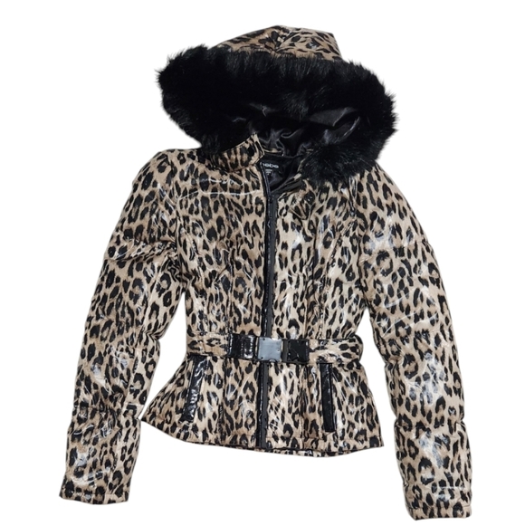 BEBE vintage animal print belted puffer jacket with faux fur hood - Picture 3 of 7